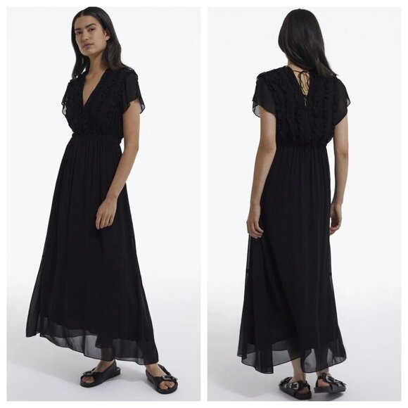 The Kooples Black Maxi Dress Ruffled Short Sleeve Dress - S - NWT - Picture 1 of 9
